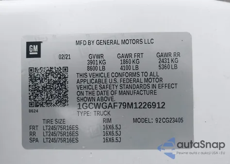 2021 Chevrolet Express Cargo Rwd 2500 Regular Wheelbase Wt из США, поврежденный, VIN 1GCWGAF79M1226912